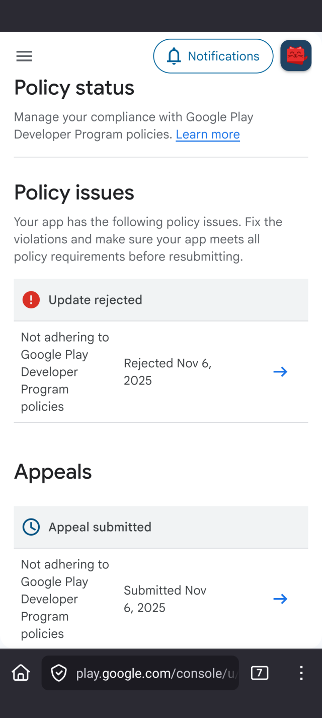 A rejection screen also showing the appeal waiting