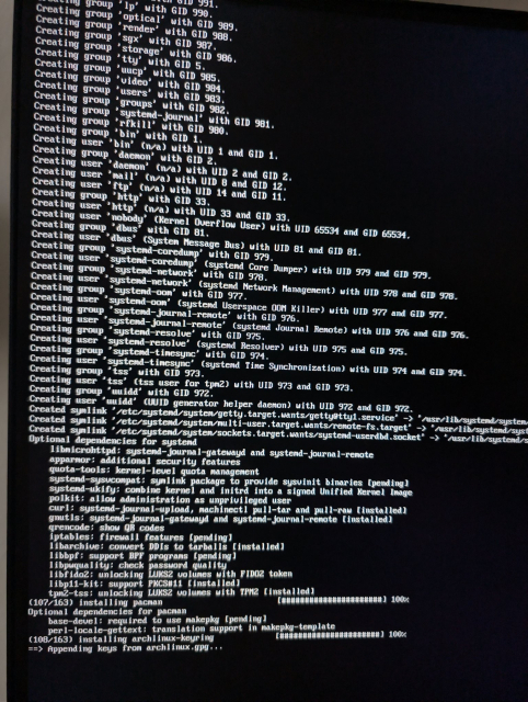 Screenshot z instalace Arch Linux 