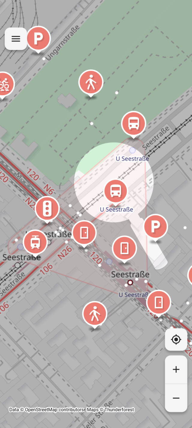 Screenshot of the app, showing a map with pop-up bubbles as an entry point to answer questions.