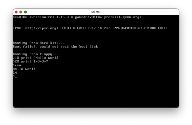 Qemu running the BootBasic from the ZIP file