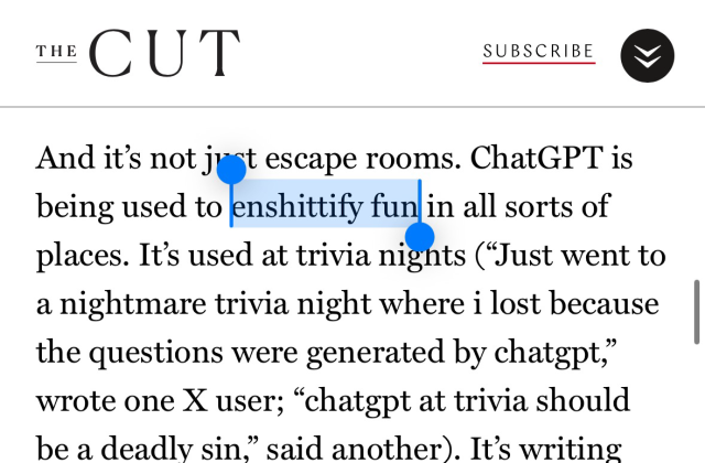 A snippet of the article, that reads in part: ChatGPT is being used to enshittify fun in all sorts of places. The words “enshittify fun” are highlighted.
