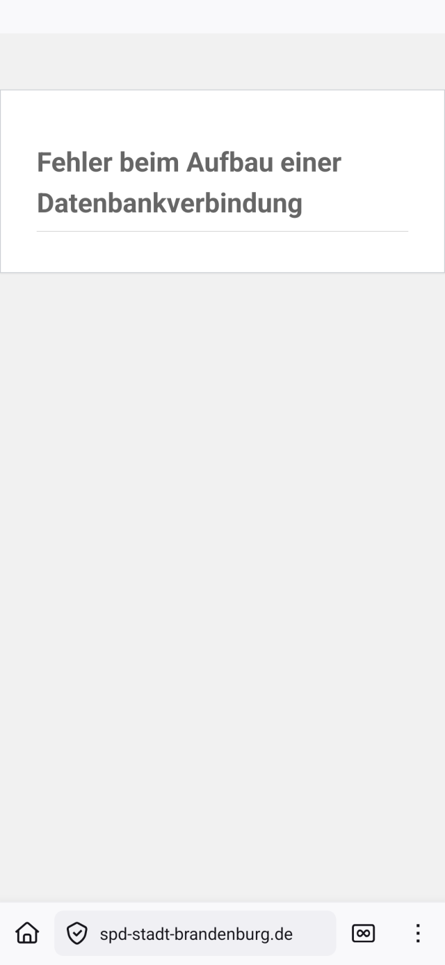 Screenshot der Webseite der SPD Brandenburg an der Havel. Zeigt nur "Fehler beim Aufbau einer Datenbankverbindung" an.