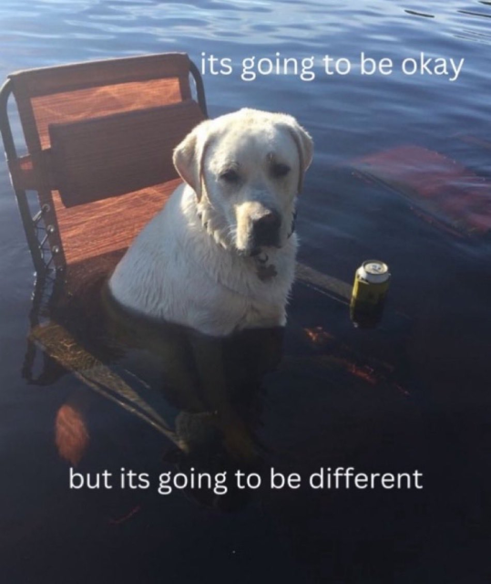 A meme showing a yellow Labrador retriever sitting in a partially submerged folding lawn chair in a body of water. The dog looks at the camera with a sad, resigned expression. A can floats in the water nearby. Text at the top reads, "its going to be okay," and text at the bottom reads, "but its going to be different."