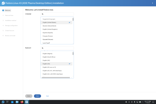 Installer screen for Fedora Linux 43 (KDE Plasma) showing language and keyboard selection menus with English (United States) chosen, side navigation steps, and Back/Next/Quit buttons at the bottom.