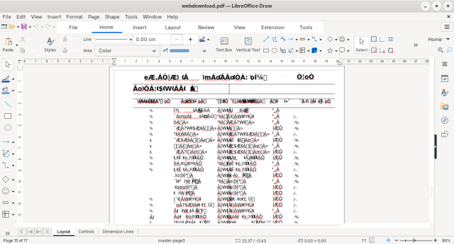 LibreOffice Draw opening a pdf file showing gibberish text