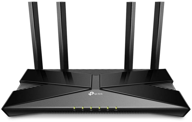 A TP-Link WiFi 6 AX1800 Smart WiFi Router (Archer AX20). The router is black, completely flat, with a very low profile, and six green lit lights in the front. There are four black antennas sticking straight up out of the back.