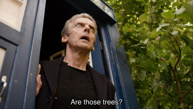 Episode with Peter Capaldi, teenage heartthrob. The Doctor is peering out of the TARDIS, eyes wide in wonder. The camera is all wide-angle, or a “point five,” as the kids say. The TARDIS is surrounded by trees and vines and lush green brush. Caption reads, “Are those trees?” Excellent skills of observation.