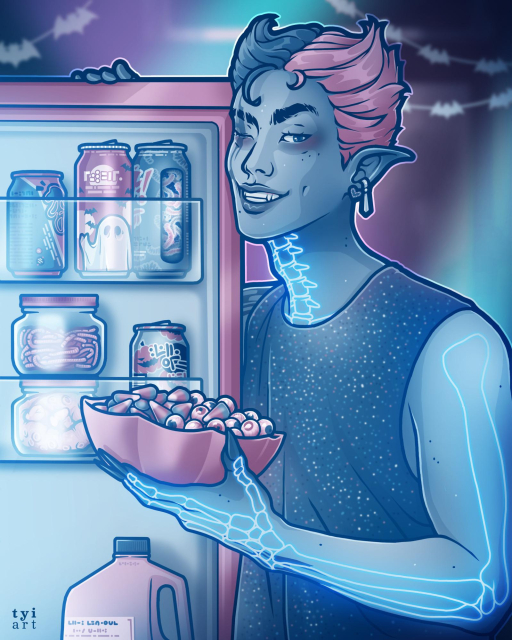 Digital drawing of my OC Theo with hair split halfway into blue and pink and styled into horns, looking at the viewer as he opens the fridge that's full of Halloween sodas and jars of worms and tentacles. He's also holding a bowl full of candy and has glowing skeleton body paint on neck and arm.