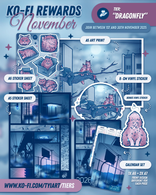 Digital mockup of membership rewards consisting of an art print, two vinyl stickers, two sticker sheets and a calendar set. Join the "dragonfly" tier within November 2025 to get this bundle.