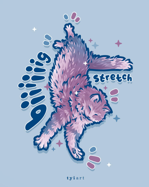 Digital drawing of a pink cat stretching on the floor, titled "biiig stretch"