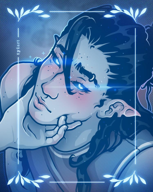 Digital drawing of my OC Isaiah who is drunk and has his head lifted up by a stranger's hand, looking up in guild towards the viewer