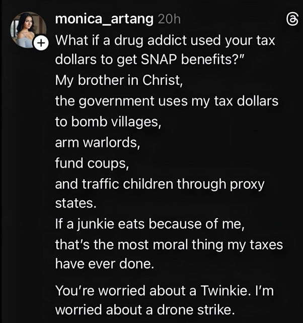 monica_artang 20h What if a drug addict used your tax dollars to get SNAP benefits?" My brother in Christ, the government uses my tax dollars to bomb villages, arm warlords, fund coups, and traffic children through proxy states. If a junkie eats because of me, that's the most moral thing my taxes have ever done. You're worried about a Twinkie. I'm worried about a drone strike.