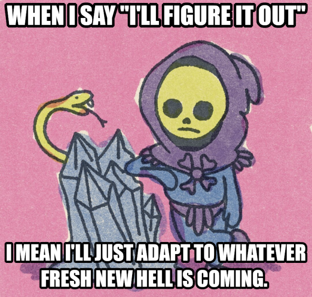 When I say "I’ll figure it out" I mean I'll just adapt to whatever fresh new hell is coming. Says Skeletor contemplating what bullshit this snake will pull next. 