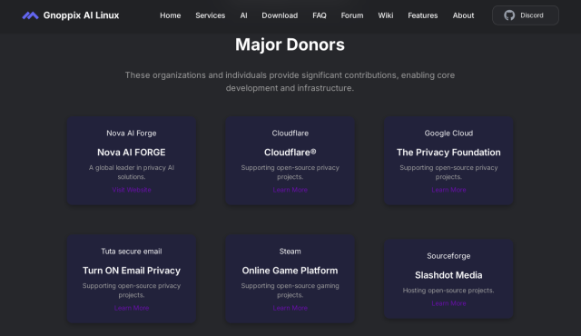 Screenshot of Gnoppix AI Linux website, Tuta is identified as a major donor.