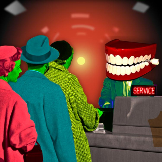 A queue of people in 1950s garb, colorized in garish tones, waiting for a wicket with a sign labeled SERVICE. Behind the counter stands a male figure in a suit whose head has been replaced with a set of chattering teeth.



Image:
Cryteria (modified)
https://commons.wikimedia.org/wiki/File:HAL9000.svg

CC BY 3.0
https://creativecommons.org/licenses/by/3.0/deed.en

