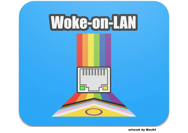 The LGBTQ pride flag bending through an ethernet jack. It says "Woke on LAN". Artwork by Mac84.