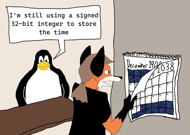 Tux saying "I'm still using a signed 32-bit integer to store the time" while Xenia stares at a calendar going from January 2038 (with the 19th - end of the month blocked out with dark blue swirly void) to December 1901 (with the start of the month - 13th blocked out with the same dark blue swirly void).