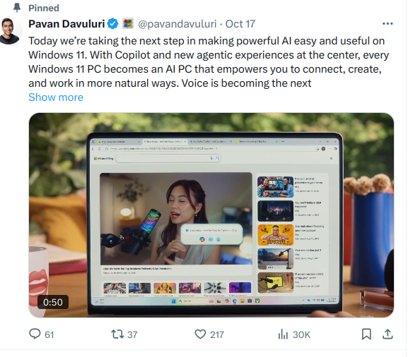 Twitter post: "Today we’re taking the next step in making powerful AI easy and useful on Windows 11. With Copilot and new agentic experiences at the center, every Windows 11 PC becomes an AI PC that empowers you to connect, create, and work in more natural ways. Voice is becoming the next..."
