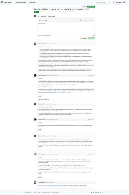 A GitHub support issue thread. There is too much text to put in alt text, sorry, but the important points are summarized in the toot.