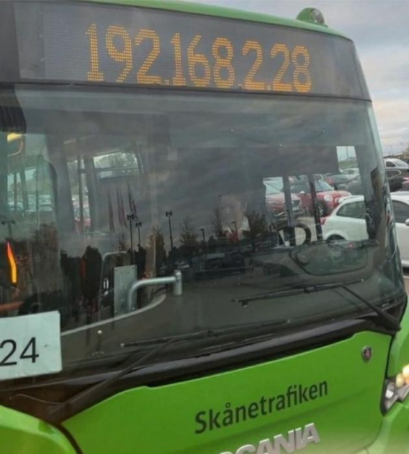 A green bus in Sweden. It's destination sign LED reads "192.168.2.28", ie a local IP address.