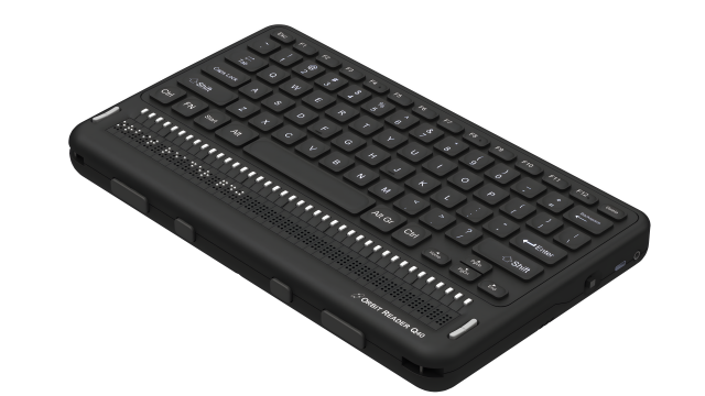 Photo showing an angled perspective view of the Orbit Reader Q40 Refreshable 20-cell Braille Display with an integrated QWERTY keyboard. Shows the words "Orbit Reader Q20" in braille on the braille display. The picture shows the QWERTY keyboard on top of the unit, along with cursor routing buttons. On the front of the unit are 4 thumb keys for navigation and on the right side it shows the power button, USB C port and audio jack.