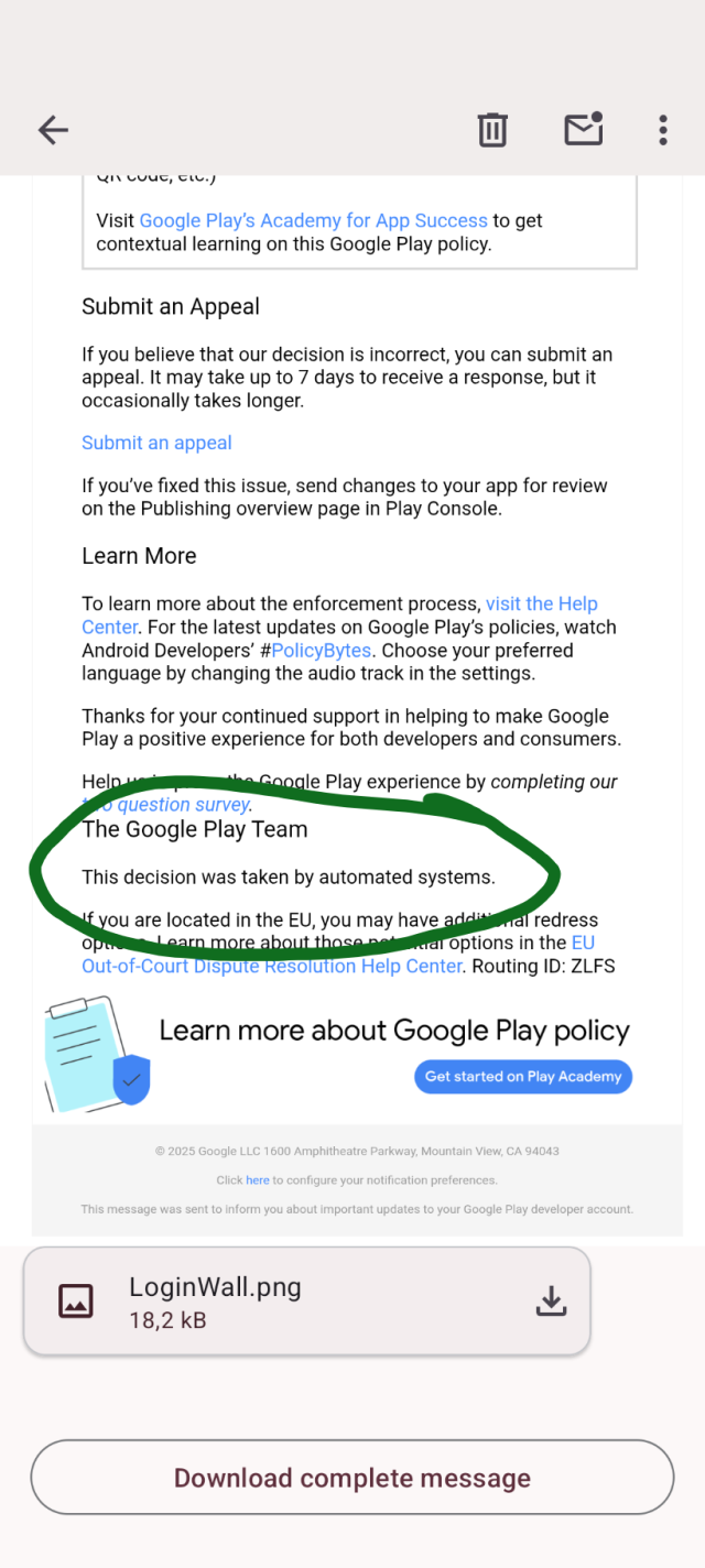 Google Play policy rejection email showing the sentence "This decision was taken by automated systems."