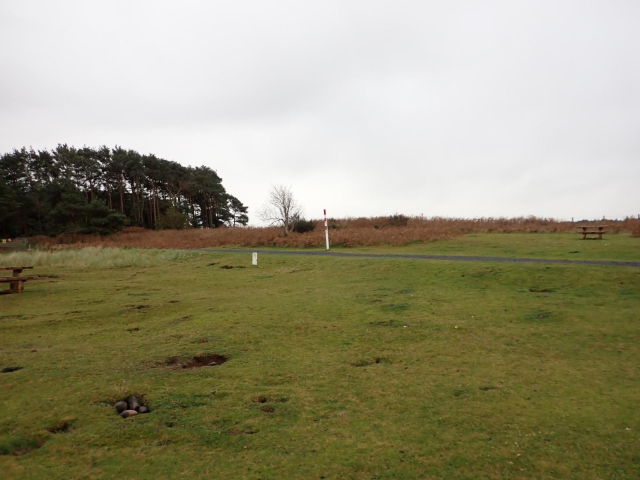A sward of grass with a track behind. A red and white striped pole marking a high pressure gas pipeline is in the middle distance 