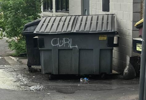 a dumpster on which someone has written "CURL"