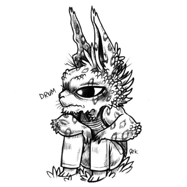 A drawing of a humanoid rabbit named Drum, sitting on the ground, looking ahead.