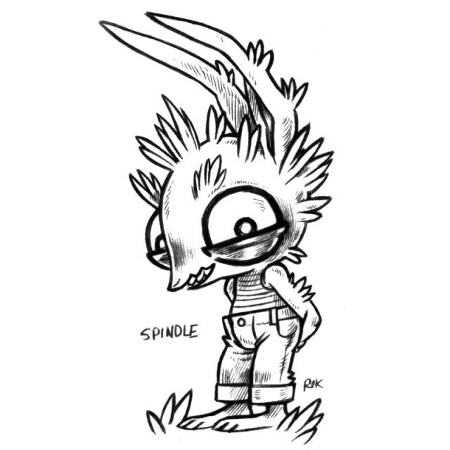 an ink drawing of a wide-eyed humanoid rabbit, standing with their arms crossed behind their back. The rabbit's name is Spindle, they are grinning while looking at the viewer. Their head is full of randomly-growing fur tufts, they have very long feet, they are wearing baggy jeans and a sleeveless striped top.