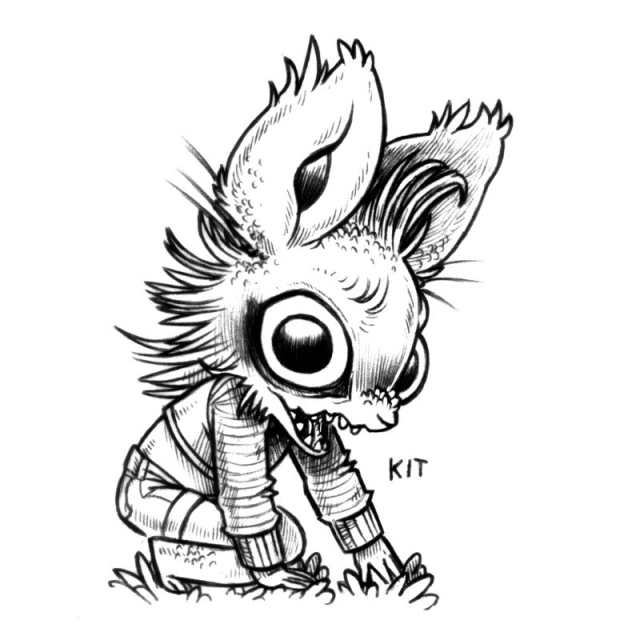 a drawing of a humanoid rabbit, leaning on their hands, looking at you while grinning excitedly, their eyes wide. Their ears are big and puffy.