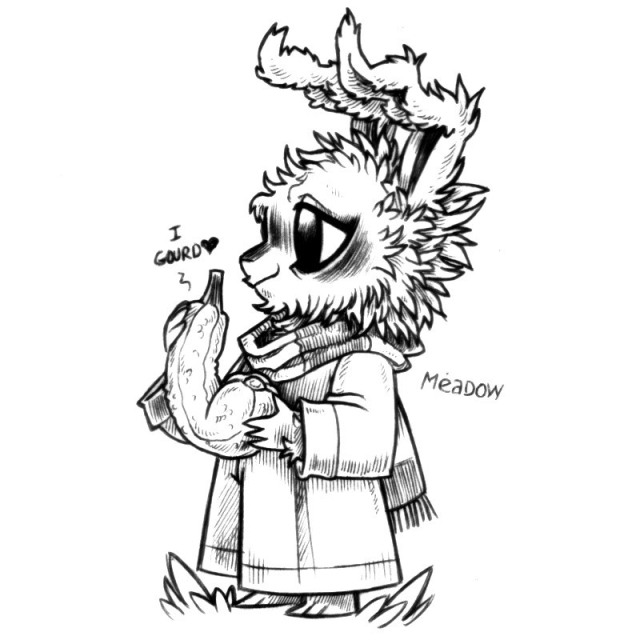 A drawing of a humanoid rabbit holding a gourd. The rabbit is wearing loose clothes, a long scarf, they have tufts of hair on their head, ears and cheeks. They are smiling while looking ahead. The gourd says, "I gourd" followed by a heart.