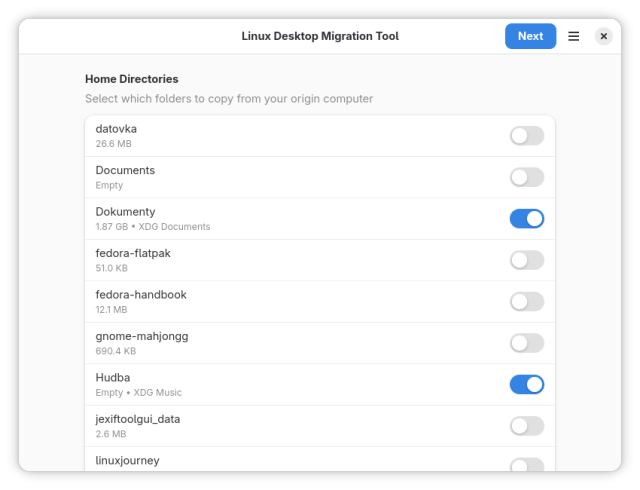 Screen to select folders to copy over.