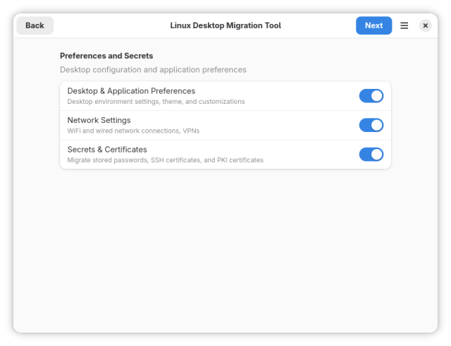 Screen to choose what settings to migrate