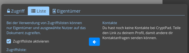 Screenshot der Berechtigungseinstellungen für Cryptpad