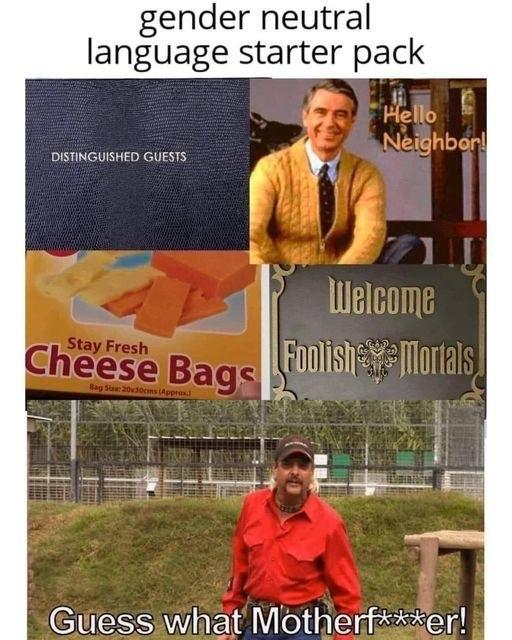 An image with the title gender neutral language starter pack. Below the title is a collection of five images. They state distinguished guests, hello neighbour, stay fresh cheese bags, welcome foolish mortals, and guess what motherfucker