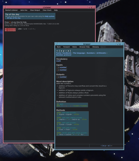 Screenshot of REPL and help browse in factor programing languange.