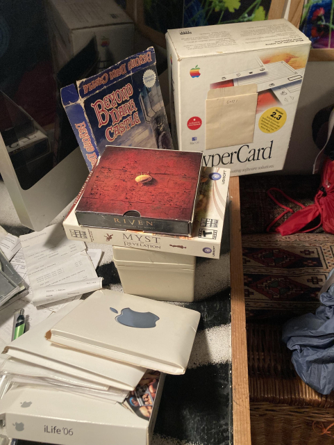 Old Mac software on floppy disk, including HyperCard and riven and Myst 