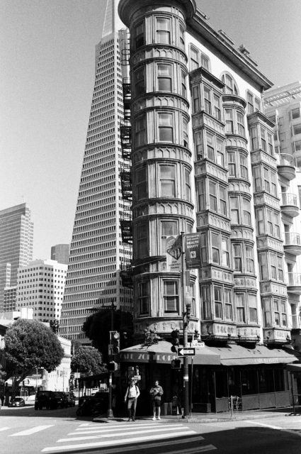 a scan of a black and white film photograph of cafe zoetrope, the building in north beach / chinatown with an unique vertical facde, next to the transamerica building