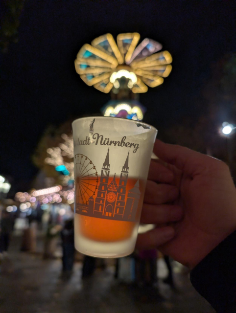 A mug full of an alcoholic Christmas flavored drink at a Nürnberg Christmas market.