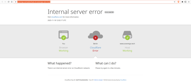 Screenshot von https://www.sovereign.tech/jobs/head-of-sovereign-tech-fund zeigt  eine Cloudflare Fehlermeldung

"Cloudflare Error"