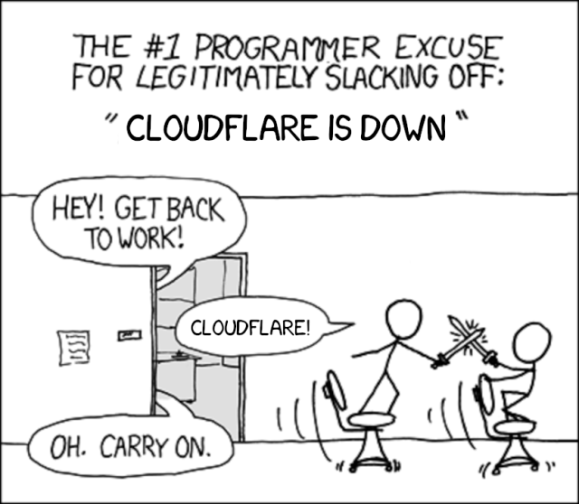 The #1 programmer excuse for legitimately slacking off: "Cloudflare is down"