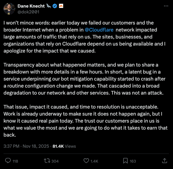I won’t mince words: earlier today we failed our customers and the broader Internet when a problem in @Cloudflare network impacted large amounts of traffic that rely on us. The sites, businesses, and organizations that rely on Cloudflare depend on us being available and I apologize for the impact that we caused.

Transparency about what happened matters, and we plan to share a breakdown with more details in a few hours. In short, a latent bug in a service underpinning our bot mitigation capability started to crash after a routine configuration change we made. That cascaded into a broad degradation to our network and other services. This was not an attack.

That issue, impact it caused, and time to resolution is unacceptable. Work is already underway to make sure it does not happen again, but I know it caused real pain today. The trust our customers place in us is what we value the most and we are going to do what it takes to earn that back.