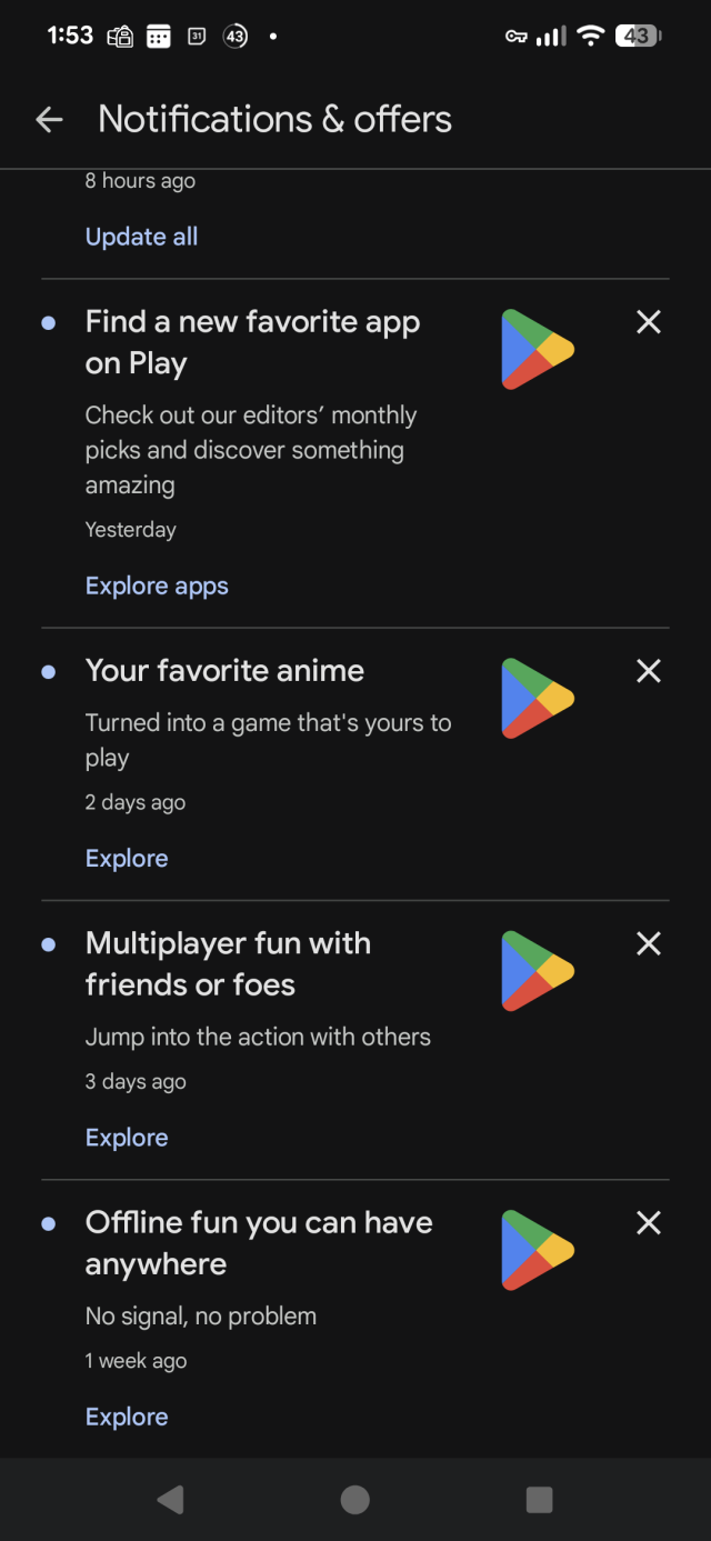 The rest the of the "alerts", titled "your favorite anime", "multiplayer fun with friends or foes" and "offline fun you can have anywhere".