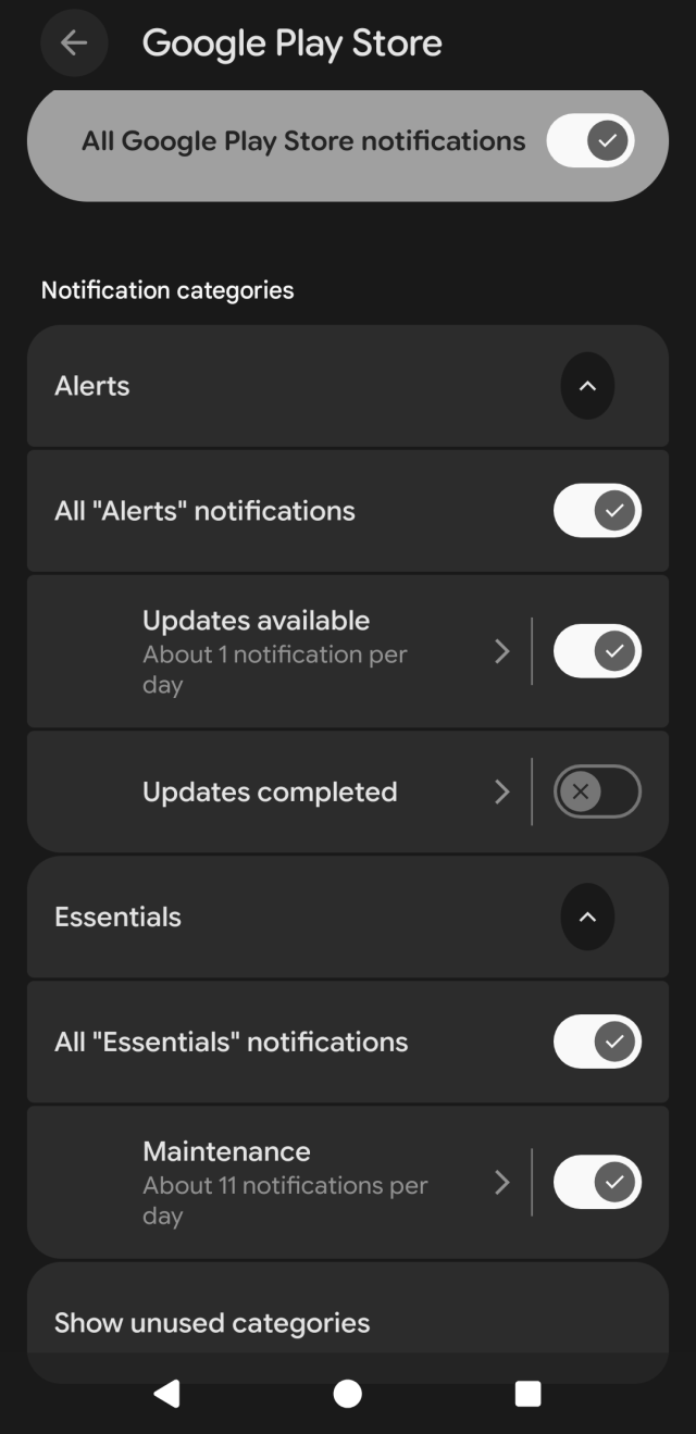 The notification settings area (at the Android level) for the Google Play app. The only categories enabled are "updates available" and "maintenance". Notice that neither of these seem to really cover "spam me about game crap".