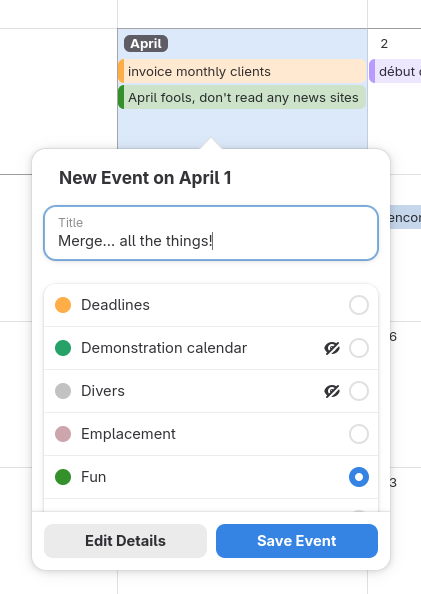 Screenshot of GNOME Calendar's new quick-add event creation popover, where the calendars list picker has been merged in an elegant way into the main popover, so there is only a single page. Various other issues were also fixed as part of that branch.