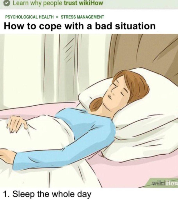 A digital illustration in the style of a wikiHow article titled "How to cope with a bad situation." The image shows a person with brown hair wearing a blue long-sleeved shirt, sleeping in a bed with white linens. Below the image, the first step reads, "1. Sleep the whole day."