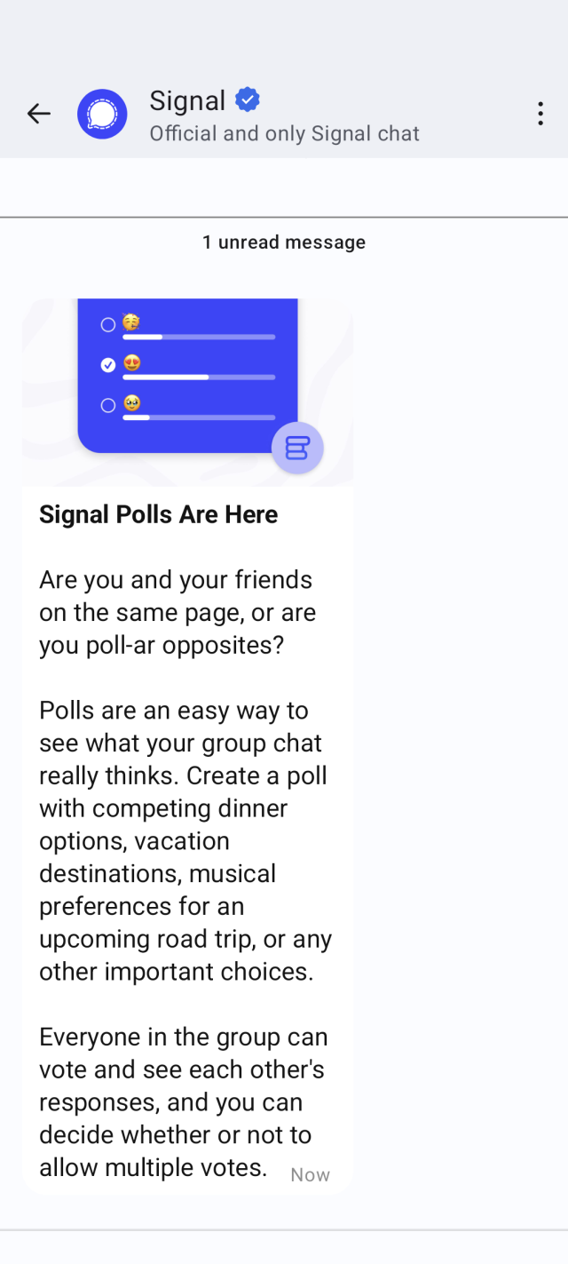 screenshot of official Signal account in Signal Android that announces "Signal polls are here" with three paragraphs of explanation. 