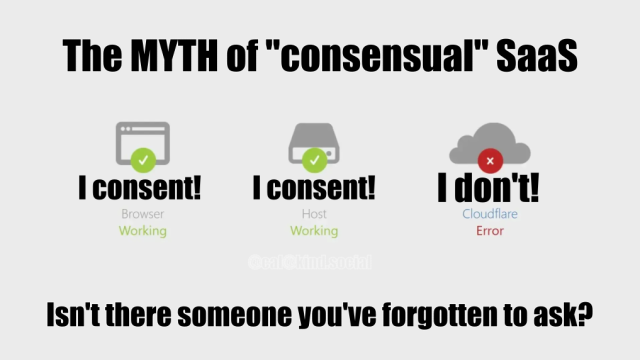The myth of "consensual" SaaS

Browser: Working. "I consent!"
Host: Working. "I consent!"
Cloudflare: Error. "I don't!"

Isn't there someone you've forgotten to ask?