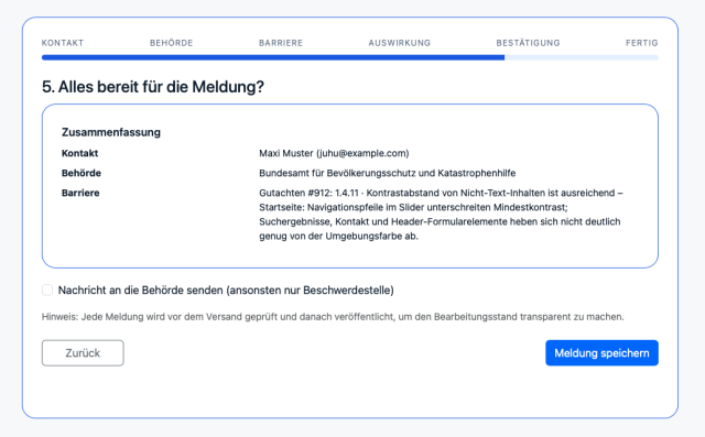 Ein Screenshot eines Online-Tools, mit dem man Barrieren melden können soll. In diesem Beispiel eine Barriere bei „Bundesamt für Bevölkerungsschutz und Katastrophenhilfe“, deren Beschreibung und Informationen direkt aus einem Prüfgutachten übernommen wurden.